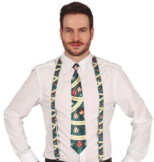 Kerst accessoires set - stropdas en bretels - groen - kerstballen opdruk - volwassenen