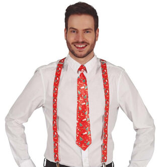 Kerst accessoires set - stropdas en bretels - rood - kerst opdruk - volwassenen