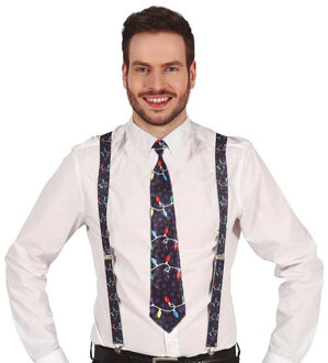 Kerst accessoires set - stropdas en bretels - zwart - kerstverlichting opdruk - volwassenen