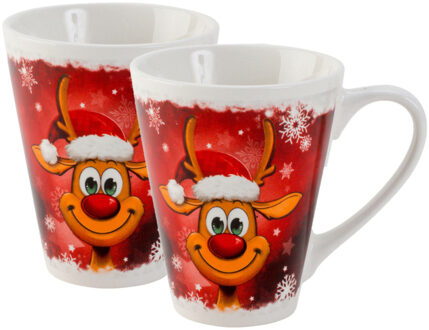 Kerst bekers/mokken - 2x st- rendier - 9,5 x 8 cm - 300 ml