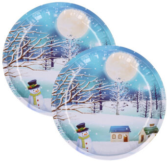 Kerst borden - 2x st - 26 cm - metaal - blauw met sneeuwpop - Bordjes Multikleur