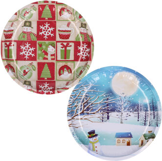Kerst borden - 2x st - 26 cm - metaal - kerst thema - kerstservies - Bordjes Multikleur