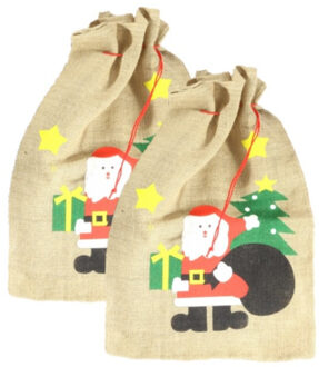 Kerst cadeauzak - 2x stuks - kerstman print - 60 x 90 cm - jute - met trekkoord - kerstcadeaus zak