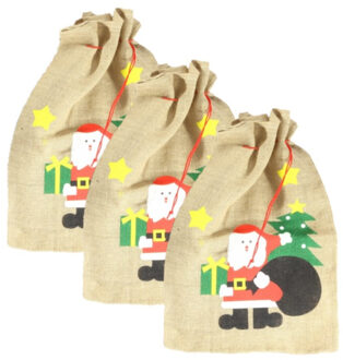 Kerst cadeauzak - 3x stuks - kerstman print - 60 x 90 cm - jute - met trekkoord - kerstcadeaus zak