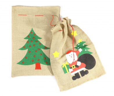 Kerst cadeauzak - kerstman print - 60 x 90 cm - jute - met trekkoord - kerstcadeaus zak Multi