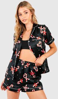 Kerst Candy Cane Print Satijnen Langmouw Overhemd & Korte Broek Pyjama Set, Black - 44
