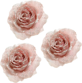 Kerst decoratie roos - 3x - op clip - poeder roze - D14 cm - kunststof - kerstbloem - bloemen