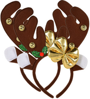 Kerst diadeem/haarband - 2x - rendier gewei met strikje - donkerbruin - 25 cm