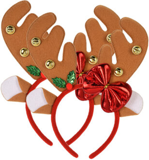 Kerst diadeem/haarband - 2x - rendier gewei met strikje - lichtbruin - 25 cm