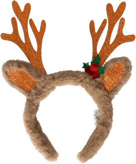 Kerst diadeem/haarband - rendier gewei met oren - bruin - nepbont
