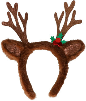 Kerst diadeem/haarband - rendier gewei met oren - donkerbruin - nepbont