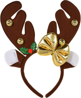 Kerst diadeem/haarband - rendier gewei met strikje - donkerbruin - 25 cm