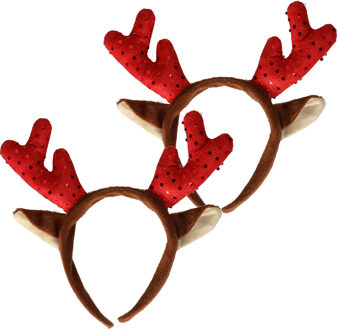Kerst diadeems - 2x - rendier gewei - rood - met oren - haarband - kerstaccessoires