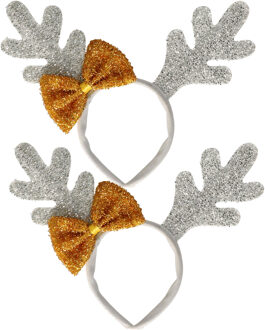 Kerst diadeems - 2x - rendier gewei - strik - zilver - haarband - kerstaccessoires