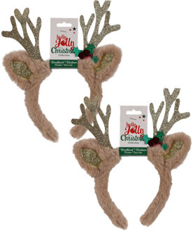 Kerst diadeems/haarbanden - 2x - rendier gewei met oren - lichtbruin - nepbont