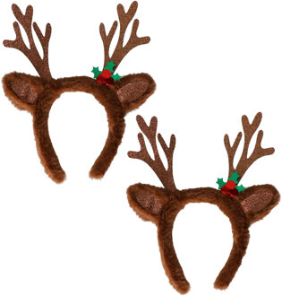 Kerst diadeems/haarbanden - 2x st - rendier gewei met oren - donkerbruin - nepbont