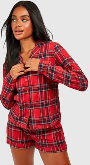 Kerst Geborsteld Ruitjes Langmouw Shirt & Shorts Pyjama Set, Red - 34