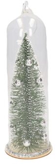 Kerst hangdecoratie glazen stolp met groen/zilveren kerstboom 22 cm - Kersthangers Multikleur