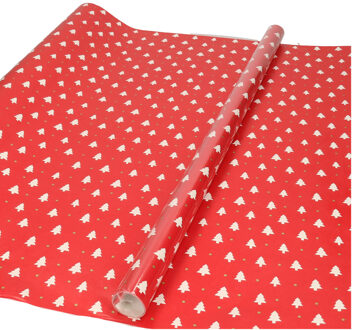 Kerst inpak/cadeaupapier - 2x stuks - 200 x 70 cm - rood met kerstbomen - Cadeaupapier