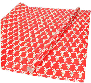 Kerst inpak/cadeaupapier - 2x stuks - 200 x 70 cm - rood met rendieren - Cadeaupapier