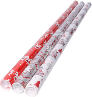 Kerst inpakpapier/cadeaupapier - set van 3x rollen - 150 x 70 cm - kerstprint Rood