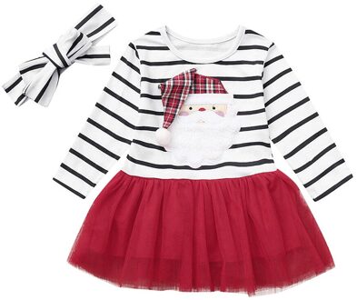Kerst Jurk Met Lange Mouwen Meisjes Kid Baby Gestreepte Cartoon Santa Party Prinses Jurk + Hoofdbanden Peuter Jurk Vestido Infantil 18m
