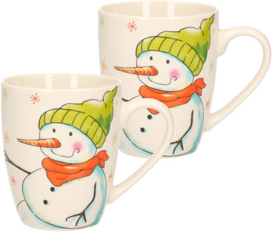 Kerst mok - 2x stuks - sneeuwpop - 8 x 10 cm - porselein - 300 ml - beker - koffiemok