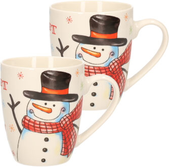 Kerst mok - 2x stuks - sneeuwpop - 8 x 10 cm - porselein - 300 ml - beker - koffiemok