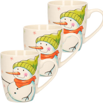 Kerst mok - 3x stuks - sneeuwpop - 8 x 10 cm - porselein - 300 ml - beker - koffiemok