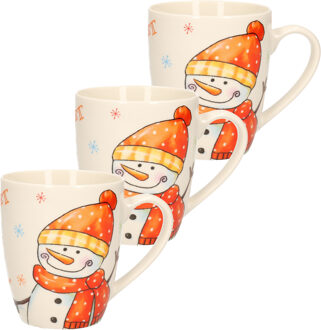 Kerst mok - 3x stuks - sneeuwpop - 8 x 10 cm - porselein - 300 ml - beker - koffiemok