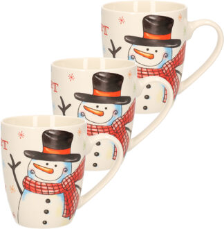 Kerst mok - 3x stuks - sneeuwpop - 8 x 10 cm - porselein - 300 ml - beker - koffiemok