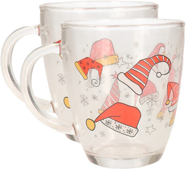 Kerst mok/beker - 2x stuks - met kerstmutsen - glas - 300 ml - kerstbekers - kerstartikelen