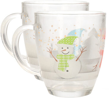 Kerst mok/beker - 2x stuks - met sneeuwpop - glas - 300 ml - kerstbekers - kerstartikelen