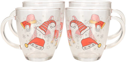 Kerst mok/beker - 4x stuks - met kerstmutsen - glas - 300 ml - kerstbekers - kerstartikelen