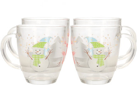 Kerst mok/beker - 4x stuks - met sneeuwpop - glas - 300 ml - kerstbekers - kerstartikelen