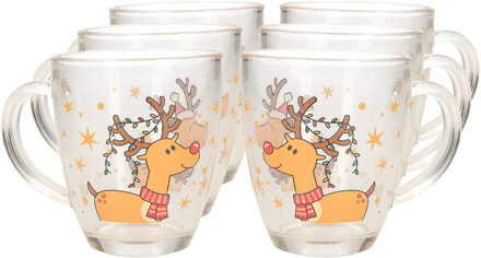 Kerst mok/beker - 6x stuks - met rendier - glas - 300 ml - kerstbekers - kerstartikelen