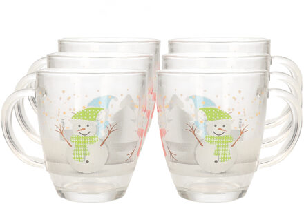 Kerst mok/beker - 6x stuks - met sneeuwpop - glas - 300 ml - kerstbekers - kerstartikelen