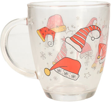 Kerst mok/beker - met kerstmutsen - glas - 300 ml - kerstbekers - kerstartikelen