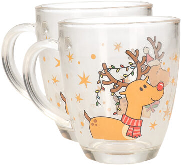Kerst mok/beker van glas 2x stuks 300 ml met rendier - Bekers Multikleur