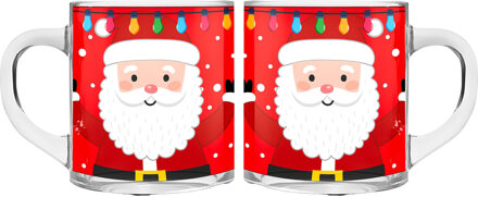 Kerst mokken/bekers - 2 stuks - glas - 300 ml - kerstman - 11 cm - Bekers Rood