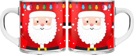 Kerst mokken/bekers - 2 stuks - glas - 300 ml - kerstman - 11 cm