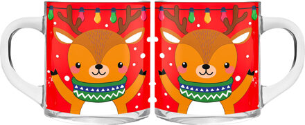 Kerst mokken/bekers - 2 stuks - glas - 300 ml - rendier - 11 cm