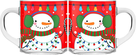 Kerst mokken/bekers - 2 stuks - glas - 300 ml - sneeuwpop - 11 cm