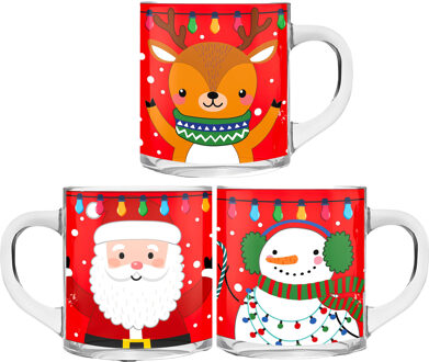 Kerst mokken/bekers - 3 stuks - glas - 300 ml - met kerstprint - 11 cm