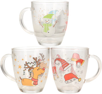 Kerst mokken set - 3x stuks - glas - feestelijke kerst prints mix - 3 soorten - vaatwasbestendig