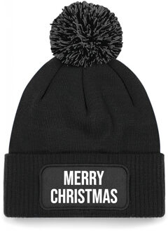 kerst muts met pompom - Merry Christmas - zwart - one size - unisex - Kerstmuts One size
