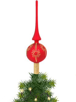 Kerst piek - 1x - rood - 28 cm - glas - gedecoreerd - kerstboompiek - kerstboom topper