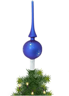 Kerst piek van glas mat blauw gedecoreerd H28 cm - kerstboompieken