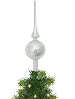 Kerst piek van glas zilver met sneeuwvlok H28 cm - kerstboompieken Zilverkleurig