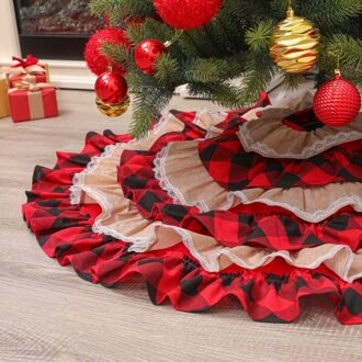 Kerst Plaid Linnen Boom Rok Rood Zwart Check Jute Kant Xmas Boom Rok Voor Decoraties Party Drtv